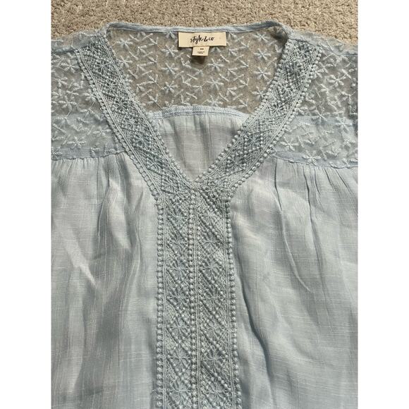 NWT Style & Co V Neck Lace Top Embroidered Light Long Sleeve Womens Xs Lt Blue - Picture 11 of 11